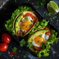 Healthy breakfast. Sandwiches with avocado, tomatoes and poached eggs in a container on a dark background. Top view