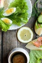 Healthy breakfast, sandwiches coffee salad eggs on dark wooden background. Plate food green vegetarian Royalty Free Stock Photo