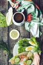 Healthy breakfast, sandwiches coffee salad eggs on dark wooden background. Plate food green vegetarian Royalty Free Stock Photo