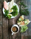 Healthy breakfast, sandwiches coffee salad eggs on dark wooden background. Plate food green vegetarian Royalty Free Stock Photo