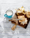Healthy breakfast. Sandwiches peanut butter, banana, milk top vi Royalty Free Stock Photo