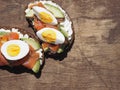 Healthy breakfast. Sandwiches of whole grain bread, scream cream cheese, egg, avocado and salmon fish on a white wooden background Royalty Free Stock Photo