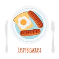 Healthy breakfast - sausage, egg, toast. Fried bread, meat