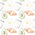 Healthy breakfast seamless pattern with coffee, scramble effs, avocado and croissant