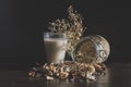 Healthy Breakfast Served in the morning with corn flakes Whole grains and milk with in a glass on the wood dark background in Royalty Free Stock Photo