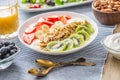 Healthy breakfast served with plate of yogurt muesli kiwi strawberries and banana