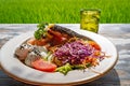 Healthy breakfast served on a vintage table with an emerald green rice field background. Concept of a healthy food and healthy Royalty Free Stock Photo