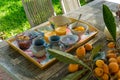 Healthy breakfast served on wooden table outdoors