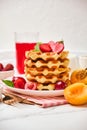 Healthy Breakfast set with Belgian waffles with strawberries Royalty Free Stock Photo