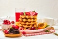 Healthy Breakfast set with Belgian waffles with strawberries Royalty Free Stock Photo
