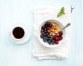 Healthy breakfast set. Bowl of oat porridge with Royalty Free Stock Photo