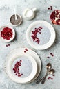 Healthy breakfast set. Chia seed pudding bowls with pomegranate Royalty Free Stock Photo