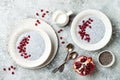 Healthy breakfast set. Chia seed pudding bowls with pomegranate Royalty Free Stock Photo