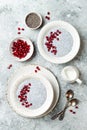 Healthy breakfast set. Chia seed pudding bowls with pomegranate Royalty Free Stock Photo