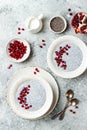 Healthy breakfast set. Chia seed pudding bowls with pomegranate Royalty Free Stock Photo