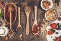 Healthy Breakfast set with granola, superfoods, almond milk and berries Royalty Free Stock Photo