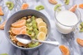 Healthy Breakfast set Granola with tangerines. Royalty Free Stock Photo