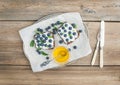 Healthy breakfast set with ricotta, fresh blueberries, honey and Royalty Free Stock Photo