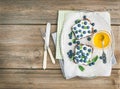 Healthy breakfast set with ricotta, fresh blueberries, honey and Royalty Free Stock Photo