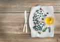 Healthy breakfast set with ricotta, fresh blueberries, honey and Royalty Free Stock Photo