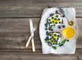 Healthy breakfast set with ricotta, fresh blueberries and honey Royalty Free Stock Photo