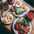 Healthy breakfast set on table. The concept of delicious and healthy food. generative ai Royalty Free Stock Photo