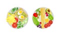 Healthy breakfast set. Top view of plates with balanced healthy food vector illustration Royalty Free Stock Photo
