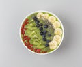 Healthy breakfast smoothie bowl topped with blueberry, kiwi, banana, spinach, Chia seeds and Goji berries. Detox concept. Royalty Free Stock Photo