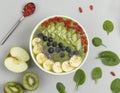 Healthy breakfast smoothie bowl topped with blueberry, kiwi, banana, spinach, Chia seeds and Goji berries. Detox concept. Royalty Free Stock Photo