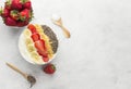 Healthy breakfast of smoothie with chia, coco, strawberry, nuts Royalty Free Stock Photo