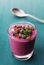 Healthy breakfast of smoothie, dessert, yogurt or milkshake with frozen blueberry and oats decorated grated chocolate and mint Royalty Free Stock Photo