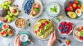 Healthy breakfast spread with fruits and avocado toast Royalty Free Stock Photo