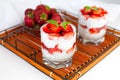 Healthy breakfast of strawberry, yogurt and chia seeds on on a wicker tray. Homemade natural dessert. ÃÂ¡lose-up Royalty Free Stock Photo