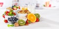 Healthy breakfast strawberry yogurt fruit bowl pot eating yoghurt food copyspace copy space banner Royalty Free Stock Photo