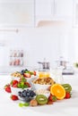 Healthy breakfast strawberry yogurt fruit bowl pot eating yoghurt food copyspace copy space portrait format Royalty Free Stock Photo