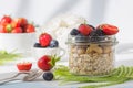 Healthy breakfast super food cereal concept with fresh fruit, granola, yoghurt, nuts and pollen grain, with foods high in protein,