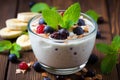 Healthy breakfast table with oatmeal, bananas, yogurt, and sunlit morning atmosphere