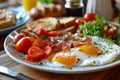 Healthy breakfast table scene with fruit, yogurts, oatmeal, smoothie, nutritious toasts and egg skillet. Top view over a wood Royalty Free Stock Photo