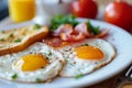 Healthy breakfast table scene with fruit, yogurts, oatmeal, smoothie, nutritious toasts and egg skillet. Top view over a wood Royalty Free Stock Photo