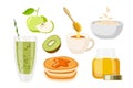 Healthy Breakfast. Tea, fruits, honey, pancakes, smoothie, oat. Template for morning menu. Flat vector illustration on