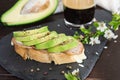 Healthy breakfast. Toasted grain bread with fresh sliced avocado, ham, cheese and cup of coffee Royalty Free Stock Photo