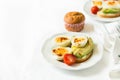 Healthy breakfast: toasts with avocado slices, tomato, paprika and eggs Royalty Free Stock Photo