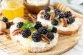 Healthy breakfast toasts. Keto diet sandwiches. Keto snack. Sweet bruschetta with cheese and berries blackberry ricotta and honey Royalty Free Stock Photo