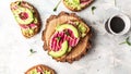 Healthy breakfast toasts from sliced watermelon radish and avocado. banner, catering menu recipe place for text, top view