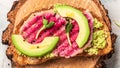 Healthy breakfast toasts from sliced watermelon radish and avocado. banner, catering menu recipe, top view