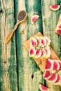 Healthy breakfast toasts from sliced watermelon radish Royalty Free Stock Photo
