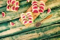 Healthy breakfast toasts from sliced watermelon radish Royalty Free Stock Photo