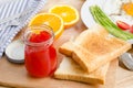 Healthy breakfast with toasts and strawberry jam, on table Royalty Free Stock Photo