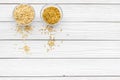 Healthy breakfast. Various cereals in bowls on white wooden background top view copy space Royalty Free Stock Photo