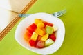 Healthy breakfast various fresh organic fruits salad in a white Bowl with fork under morning light on green table background, top Royalty Free Stock Photo